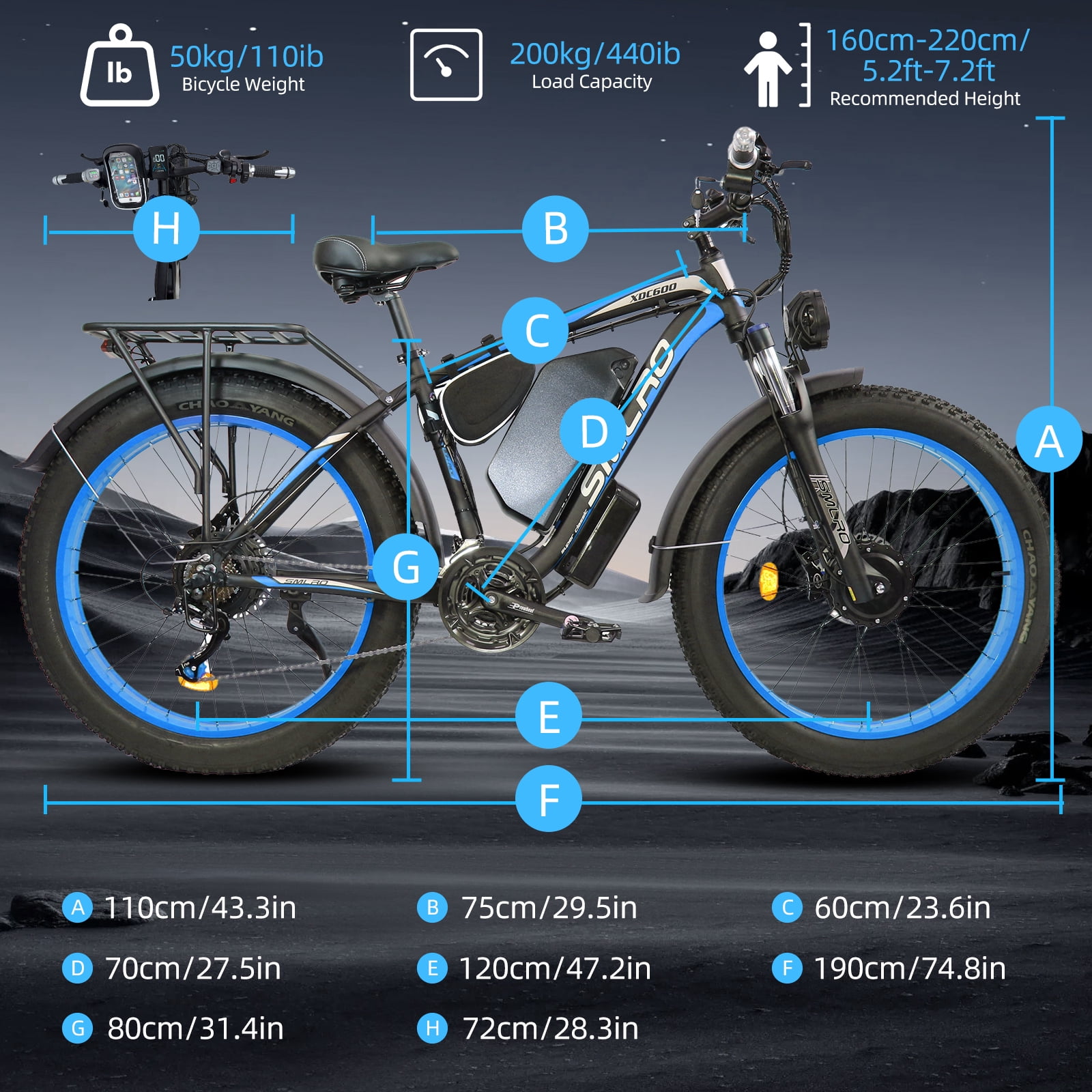 Electric Bike for Adults, 26x4.0 Fat Tire E-Mountain Bicycle, Peak 5000W Motor 52V-30Ah, Mountain Bike Beach Snow Ebike for Men, Blue