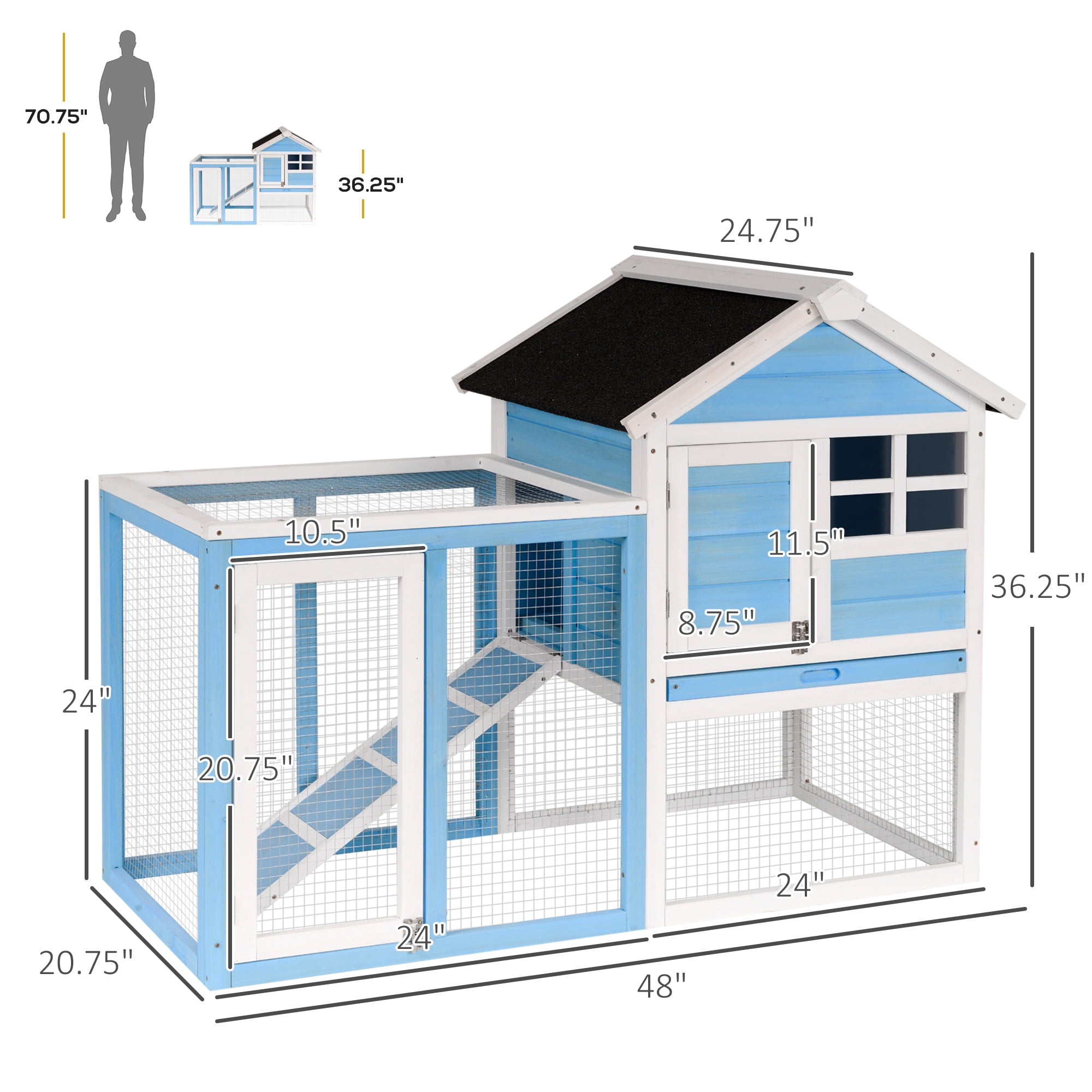 PawHut 48" Wooden Rabbit Hutch Bunny Cage with Waterproof Asphalt Roof, Light Blue