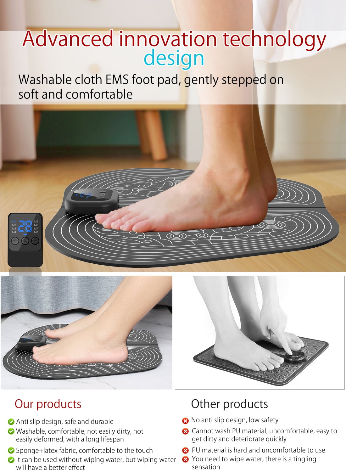EMS Electric Foot Massager Mat Pad Remote Control USB LED Portable Rechargeable for Men Women 8 Modes 30 Intensity Levels