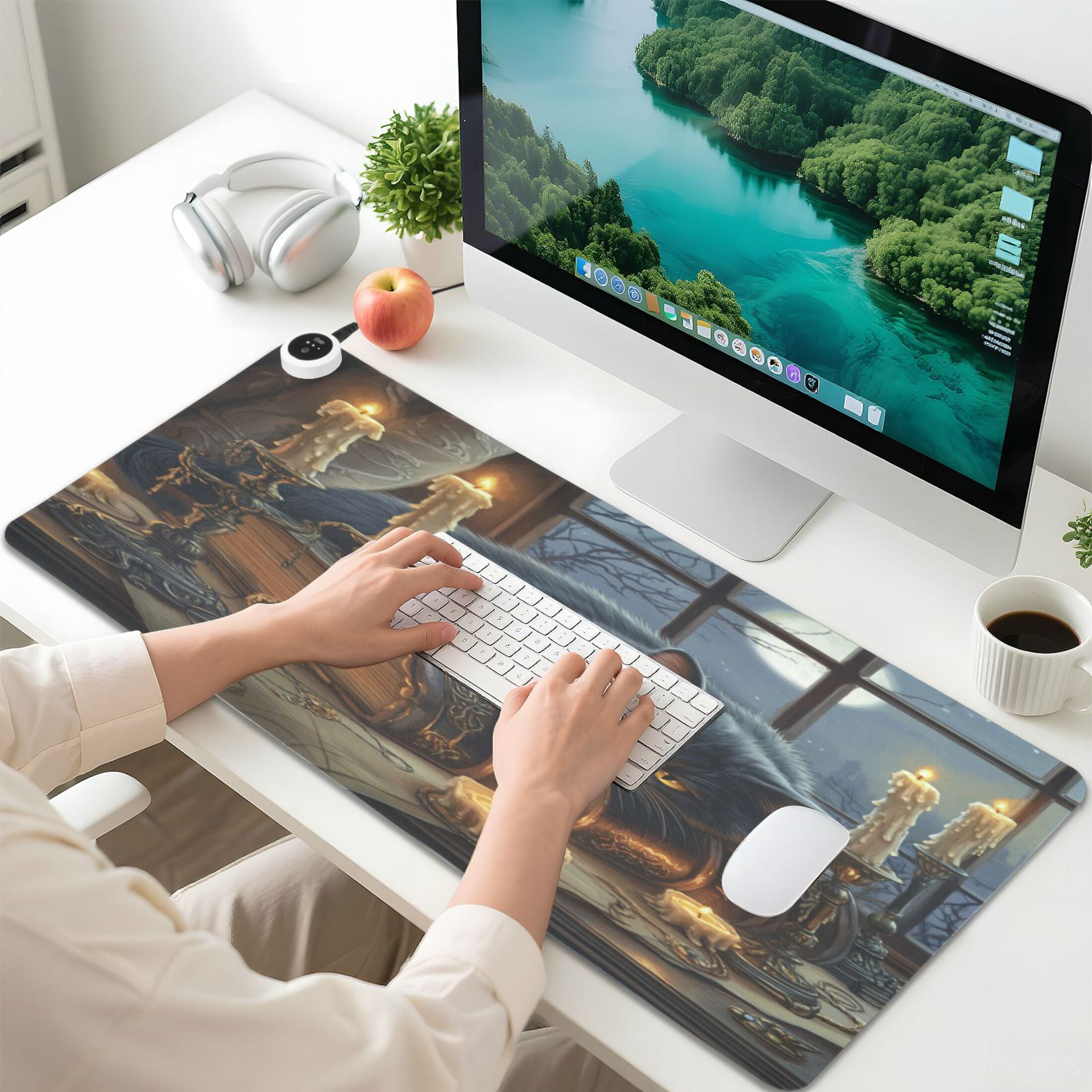 Wobogo Fluffy Black Cat Heated Mouse Pad Extra-Large Desk Mat With 3 Heating Levels and 3-hour Auto Shut-Off Protection Ideal for Computer Keyboards Home Office Hand-warming Essential 31.5in × 13in