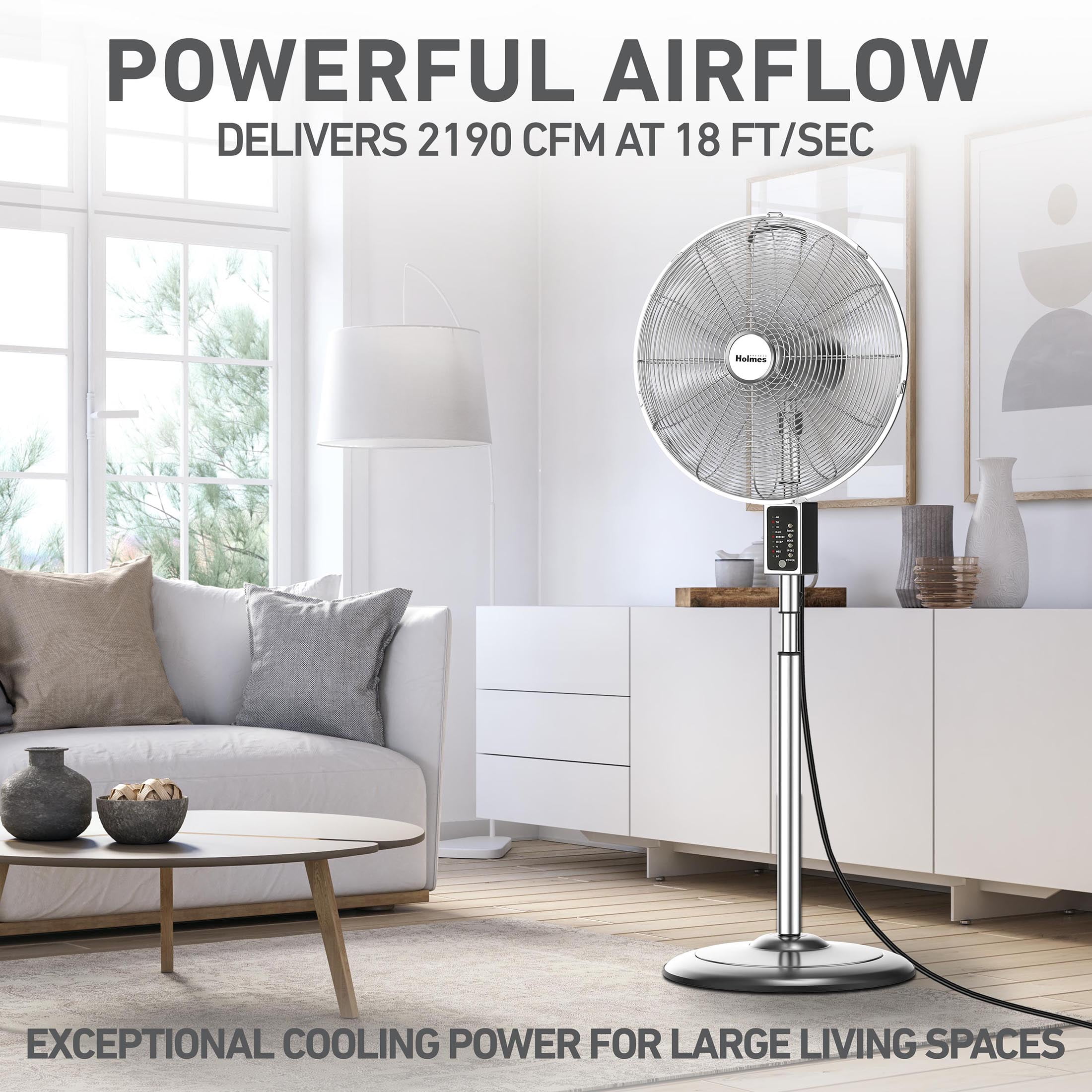 Holmes 16” Digital Metal Stand Fan, 3-Speed, Oscillating, Adjustable Height, Remote, Chrome