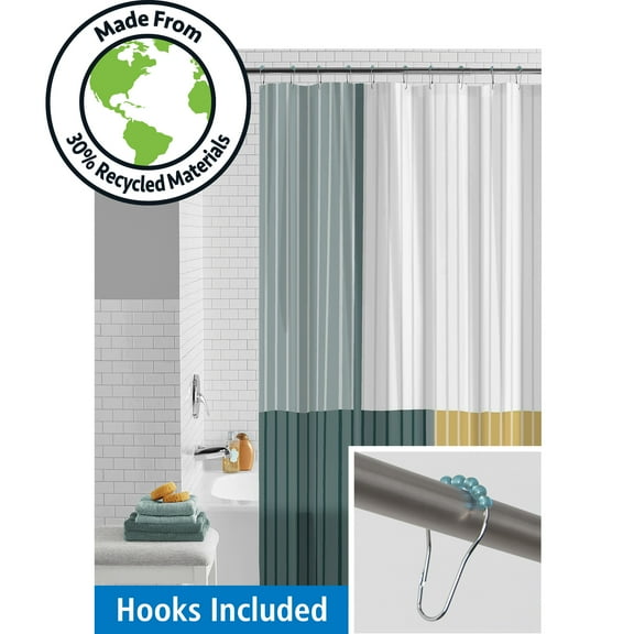 Mainstays Waterproof PC Stripe 30% Recycled PEVA Shower Curtain Set & Hooks, 13-Piece, Green, Gray