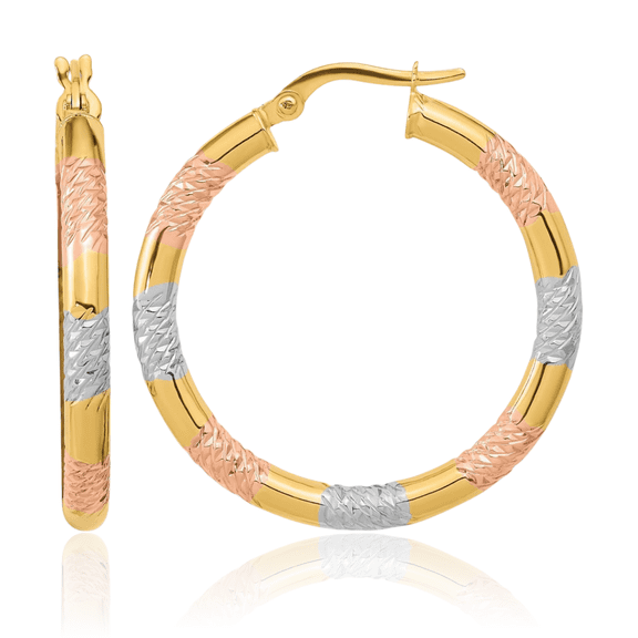 14K Solid Yellow Gold Rose White 3mm Medium Hoop Earrings