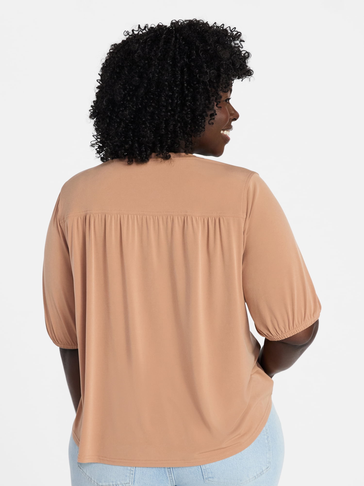 Terra & Sky Women's Plus Size V Neck Tee with Elbow Sleeves, Sizes 0X-5X