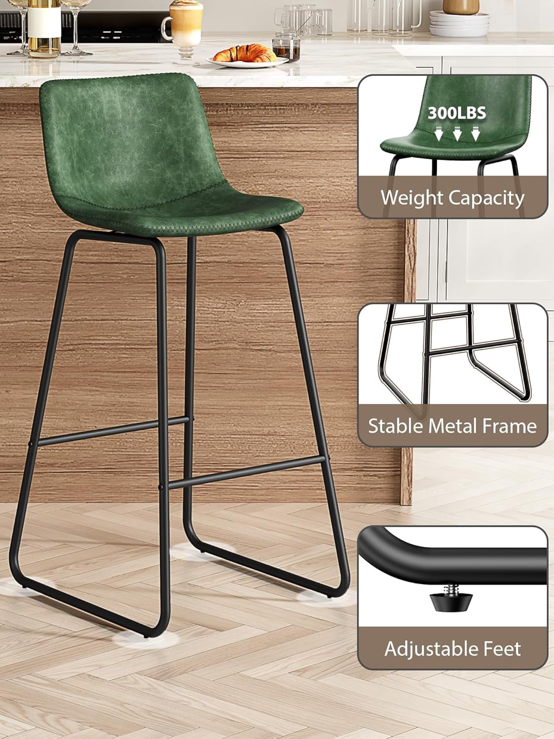 LainTene 30" Bar Stools Set of 3 – Faux Leather Counter Height Stools with Backrest & Footrest, Heavy-Duty Metal Frame for Kitchen, Bar, Living Room, Green