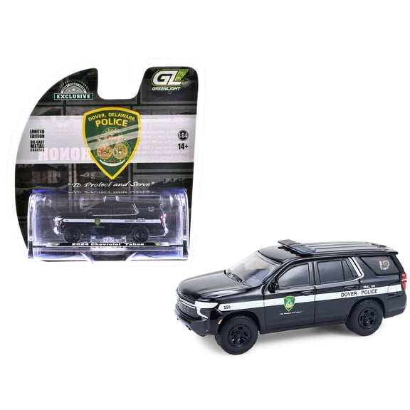 2024 Chevrolet Tahoe Police Pursuit Vehicle "Dover Police" Black with White 1/64 Diecast Model Car by Greenlight.