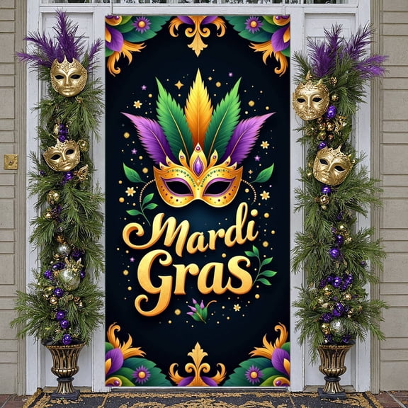 Feather Decorated Mardi Gras Banner Jeweled Mask Festival Backdrop Purple Green Gold Ornate Design Celebration Display for Mardi Gras Party Carnival Celebration Festive Gathering