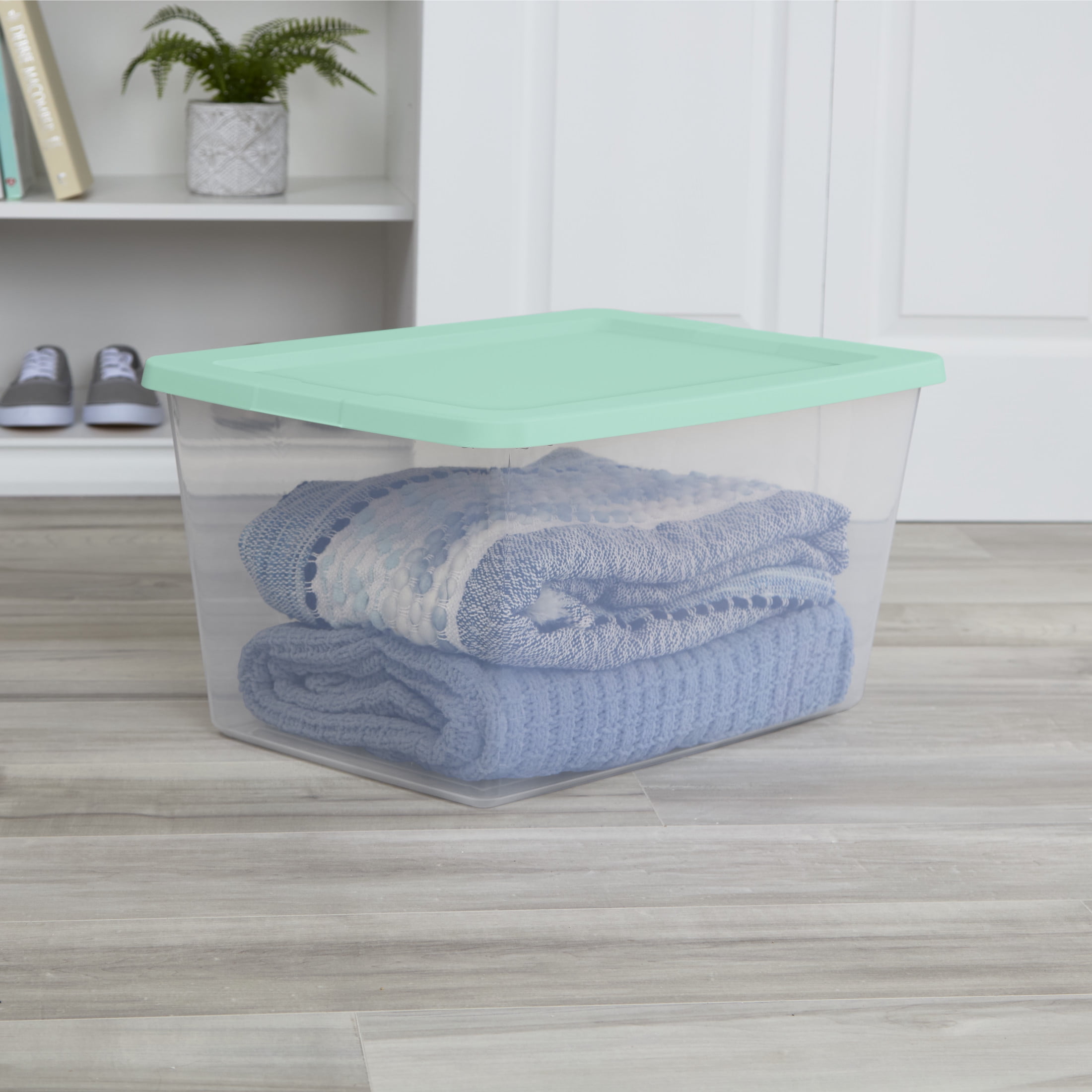 Sterilite Storage Bin, 58 Quart Clear Plastic Storage Container with Snap-On Lid, Mint, 8 Pack