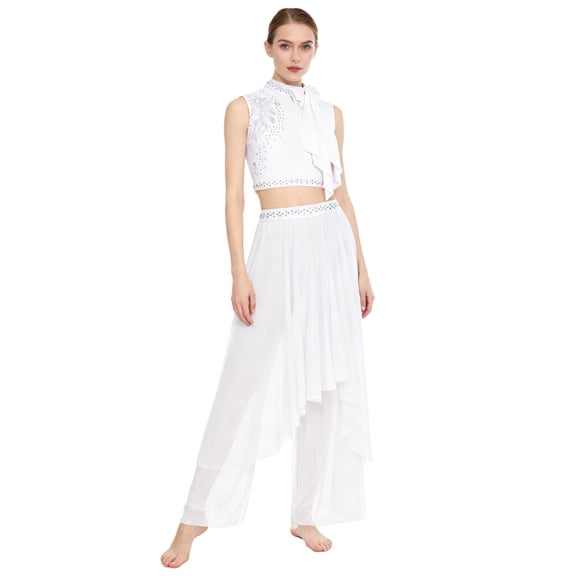 Xnihocha Women 2-Piece Lyrical Dance Outfit Mesh Top Wide Leg Pants Set Modern Classical Dance Performance White L