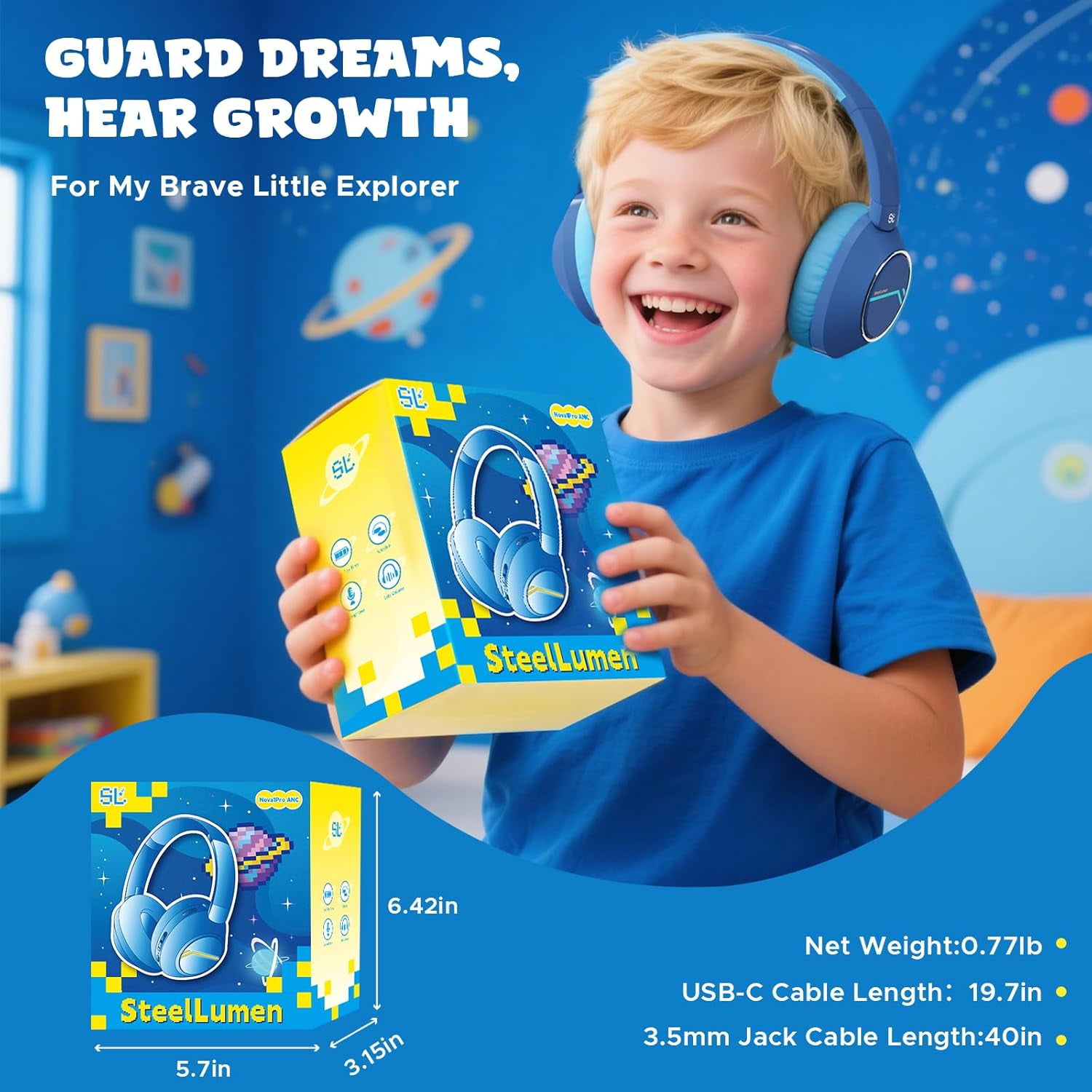Nova1Pro Kids Wireless Active Noise Cancelling Headphones, Bluetooth 5.4, 40H Playtime, Volume Limited 75/85/94dB, Type-C Fast Charging, Mic, Foldable for School/Travel/Airplane, Blue