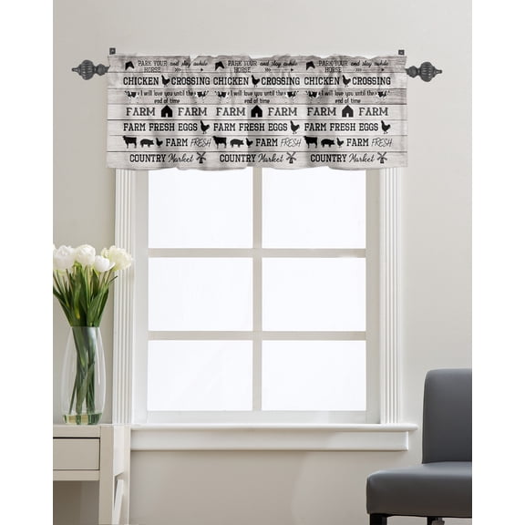 Kitchen Cafe Valance Curtain for Small Windows,Farm Animal Chicken Pig Cow Horse Rod Pocket Short Valances Quote on Retro Wood Plank Window Treatment Panel for Living Room/Bedroom/Bathroom,54x18in