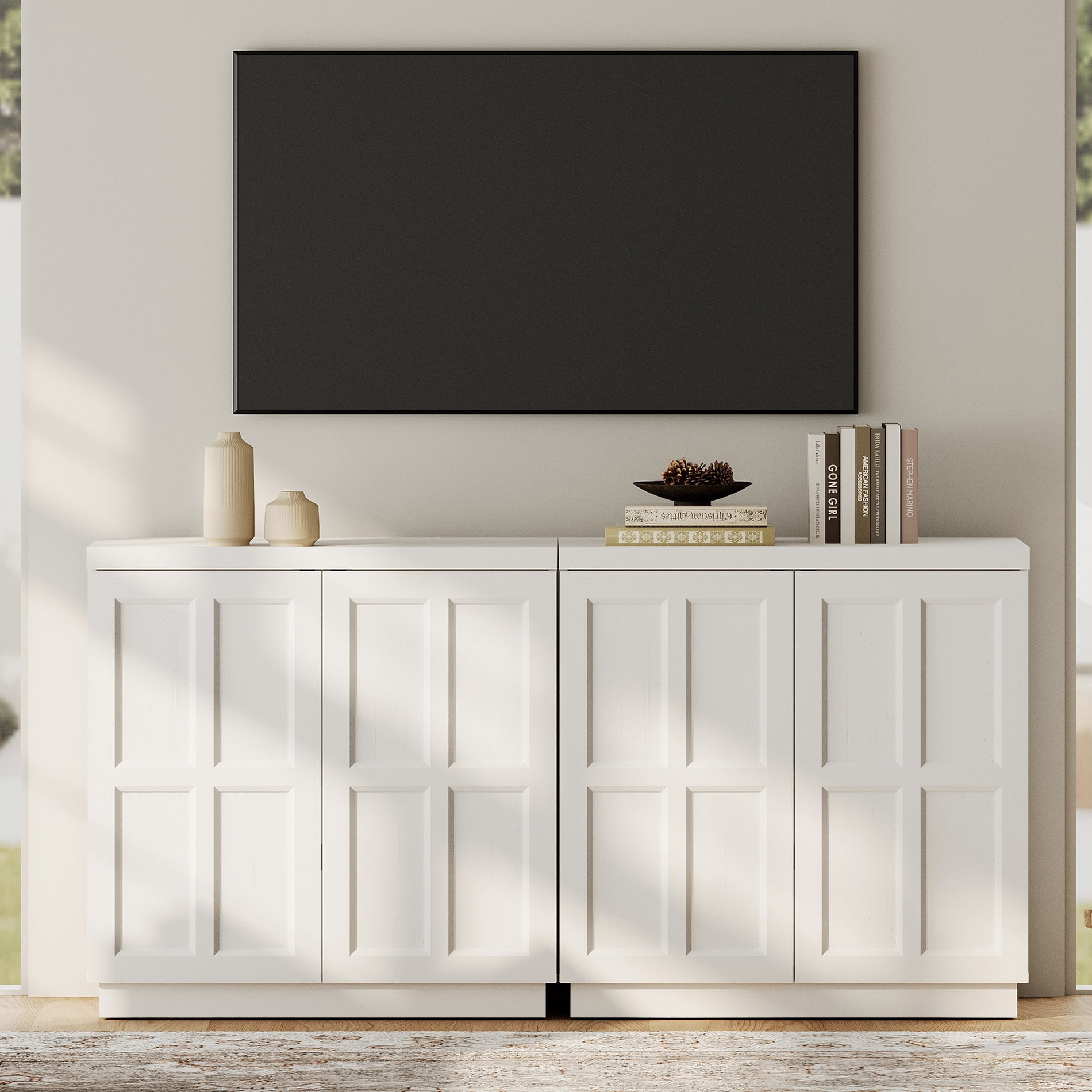 HOMOOI TV Stand for 40-70"TV, Boho 63" Wood Media Console with Doors, Adjustable Shelves and Cable Management Hole, Heavy-Duty Entertainment Center for Living Room, Bedroom,White