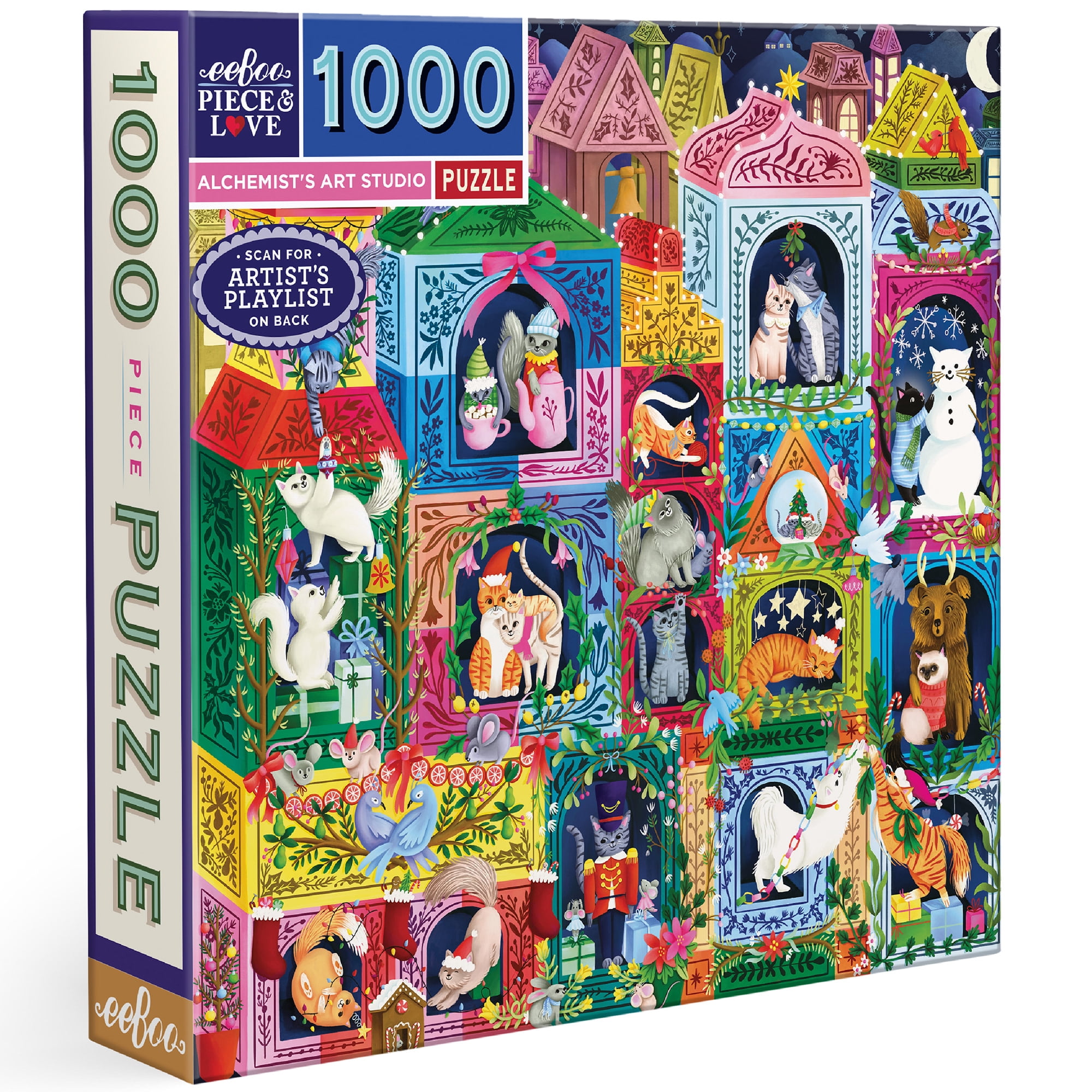 eeBoo Christmas Cats 1000 Piece Square Jigsaw Puzzle  23  X 23  - Double Coated  Sturdy & Dust Free Pieces  Satisfying Snap  Full Color Insert