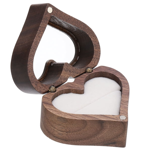 Caja de anillos de madera, caja de anillos en forma de corazón con una ranura, blanca