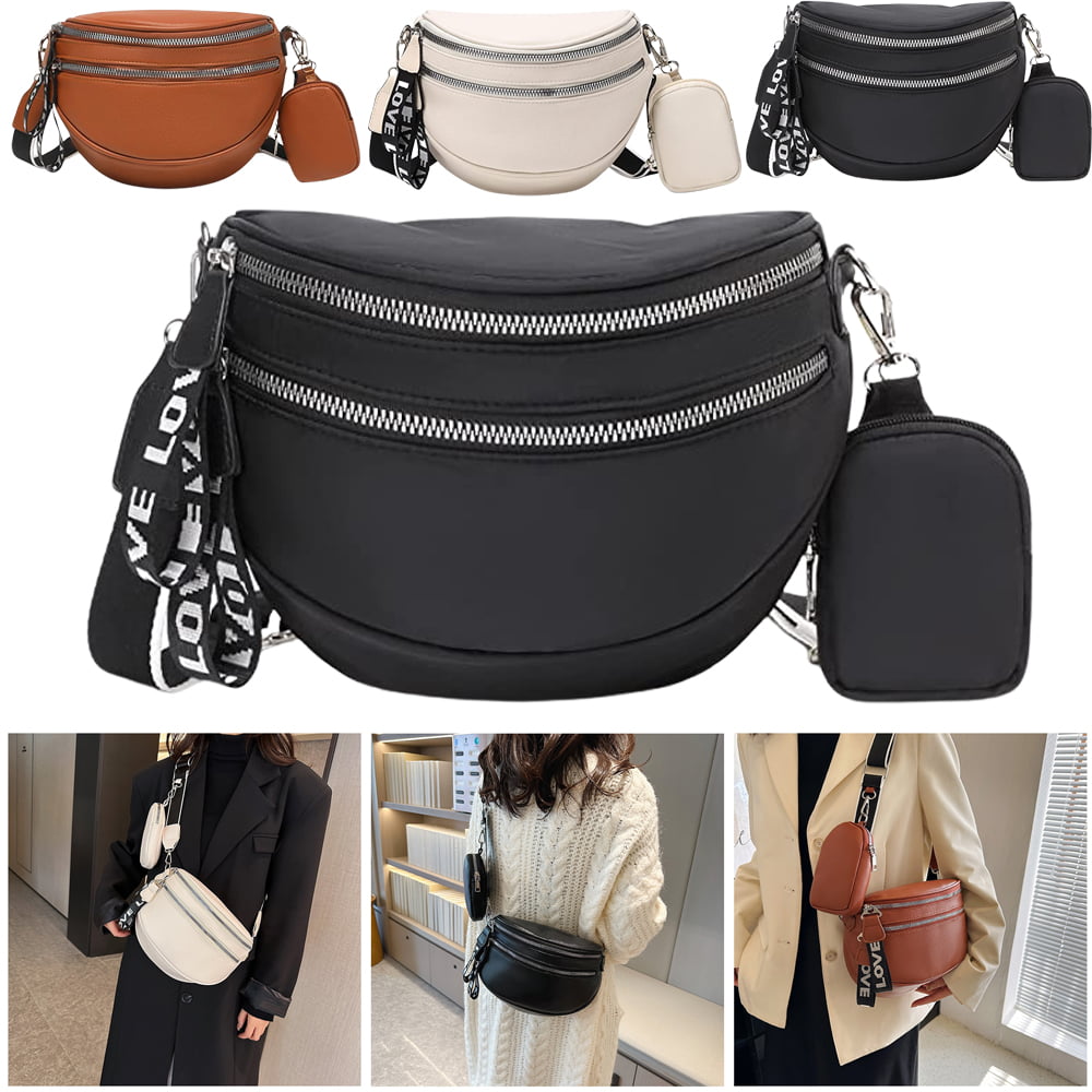 Women's Stylish Crossbody Bag Women's Wide Strap PU Leather Chest Women's  Bag with 2 Interchangeable Wide Hip Straps and Wide Shoulder Straps, White