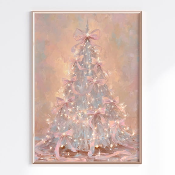 Whimsical Winter Wall Art, Pink Winter Tree With Ribbons And Sparkling Lights, Pastel Winter Decor Home Decor #828, Unframed Poster Size 8x12