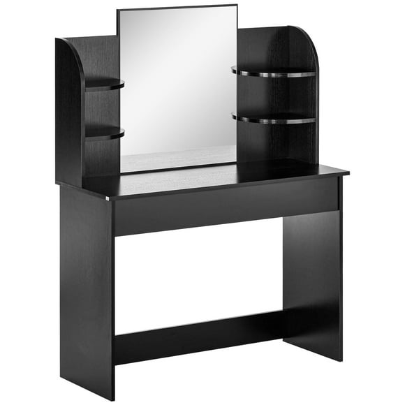 HOMCOM Vanity Table Wood Dressing Table w/ Makeup Mirror, Big Drawers, Open Shelf for Bedroom Black