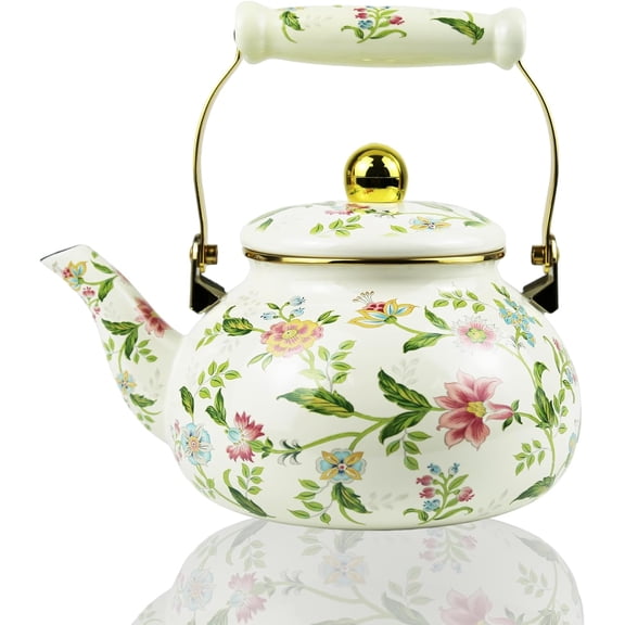 CZQ Floral Enamel Tea Kettle Bohemian Gold Teapot Vintage Boho Hot Water Coffee Kettle Pot 2.5L Porcelain Tea Pot Retro Pot Stovetop Kitchen Home Decor