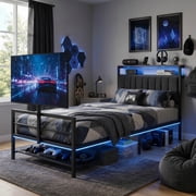 LFGUIZO Twin Size Gaming Bed Frame with TV Mount and Charging Station, Black Metal Platform Bed with All-Around LED Lights and Underbed Storage with Vented Storage Shelf No Box Spring Needed