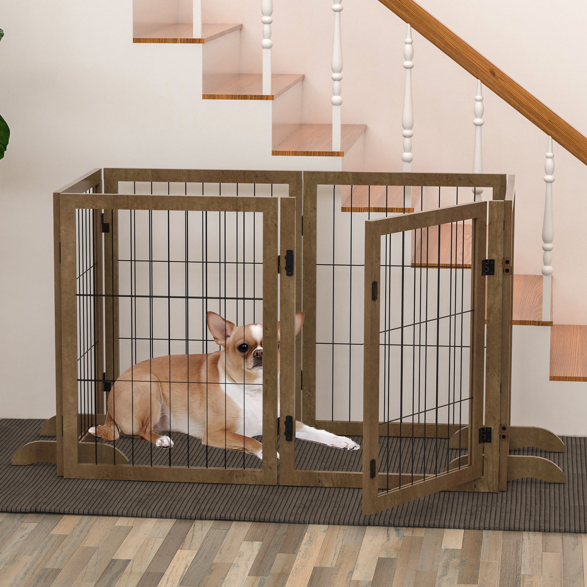 Dog Gate 144" Wide 32" Tall with Door Walk Through 6 Panels Reinforced Foldable Wood Pet Puppy Gate Door Safety Fence Barrier for House Doorway Stairs Dog Cage Playpen