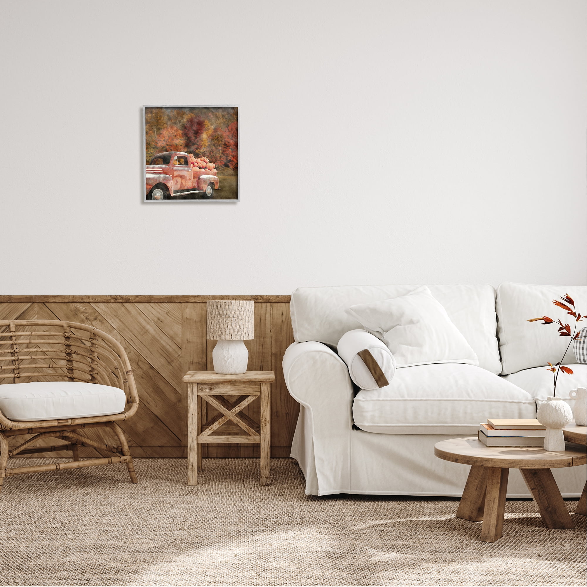 Stupell Industries Fall Truck with Pumpkins Holiday Painting Gray Framed Art Print Wall Art, 17 x 17