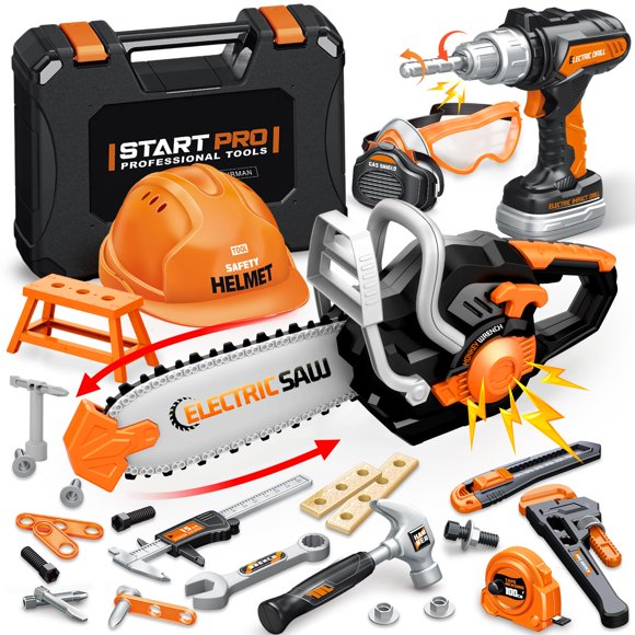 Kids Tool Set Toys, 48 Pcs Toddler Tool Set with Portable Tool Box, Electronic Toy Drill & Electric Chainsaw, Construction Tools Gifts for Boys Aged 3 4 5 6 7, Christ