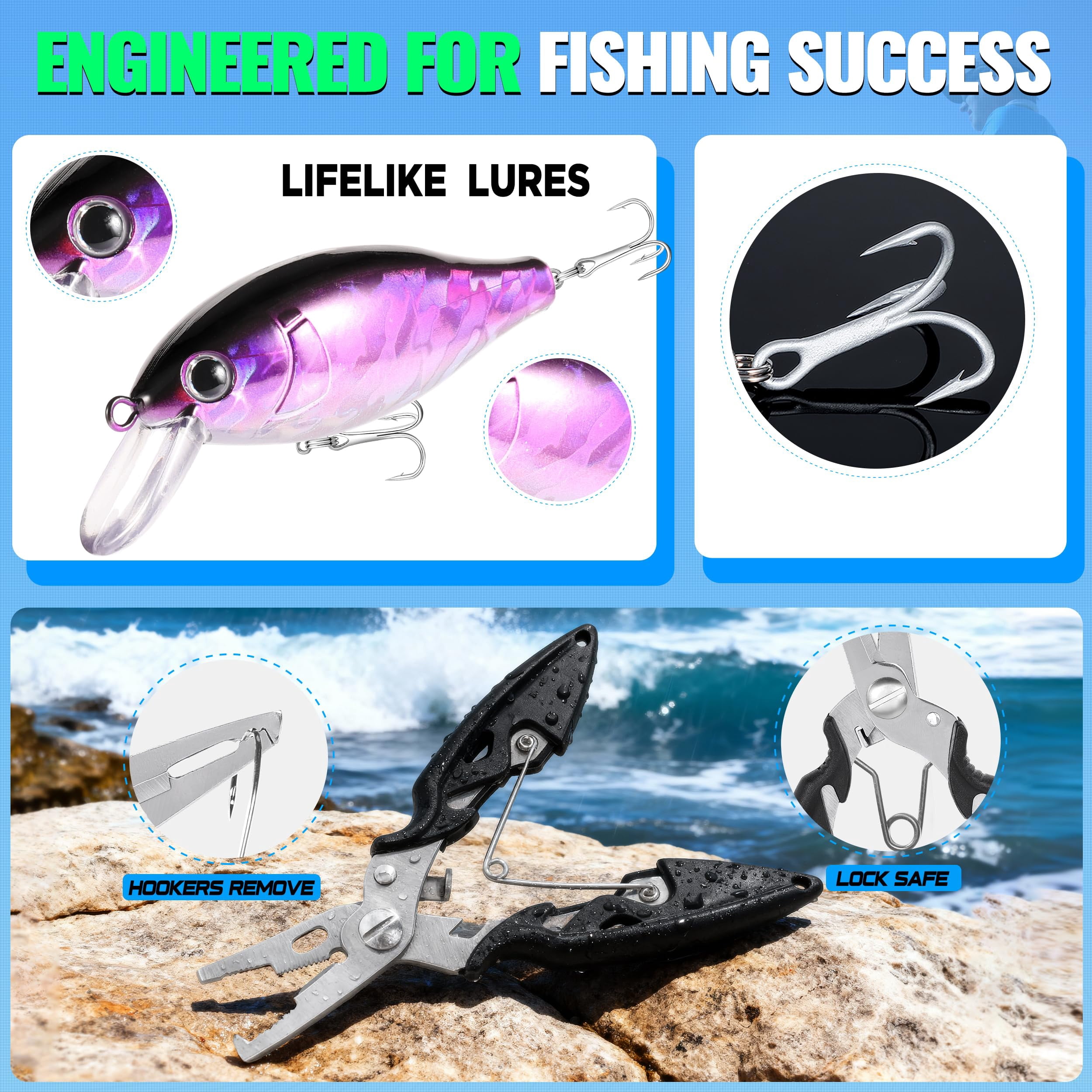 Fishing Lures Tackle Box Gifts For Men  Bass Trout Accessories Kit Saltwater & Freshwater Gear Including Topwater Hooks Spinnerbaits