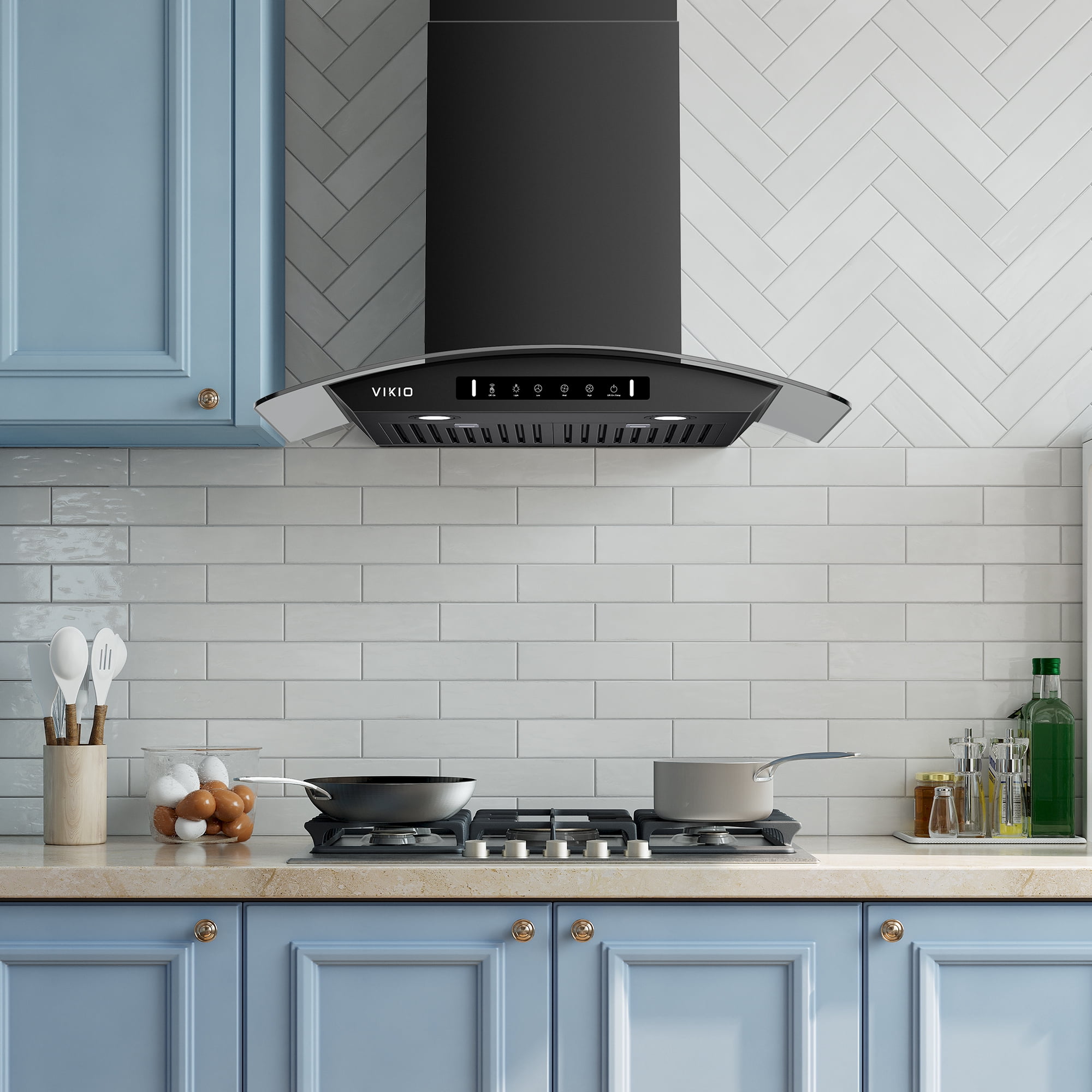 VIKIO 30 inch Wall Mount Range Hood, Stainless Steel and Glass, 800 CFM, 3-Speed, Ducted, Gesture Sensing Control&Touch Pad, Black