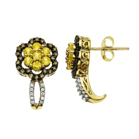 Natural Yellow Sapphire & 1/3 ct Champagne & White Diamond Flower Drop Earrings in 14kt Gold