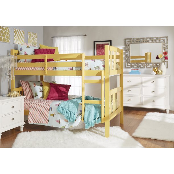 Chelsea Lane Elise Convertible Twin Over Twin Wood Bunk Bed, Yellow