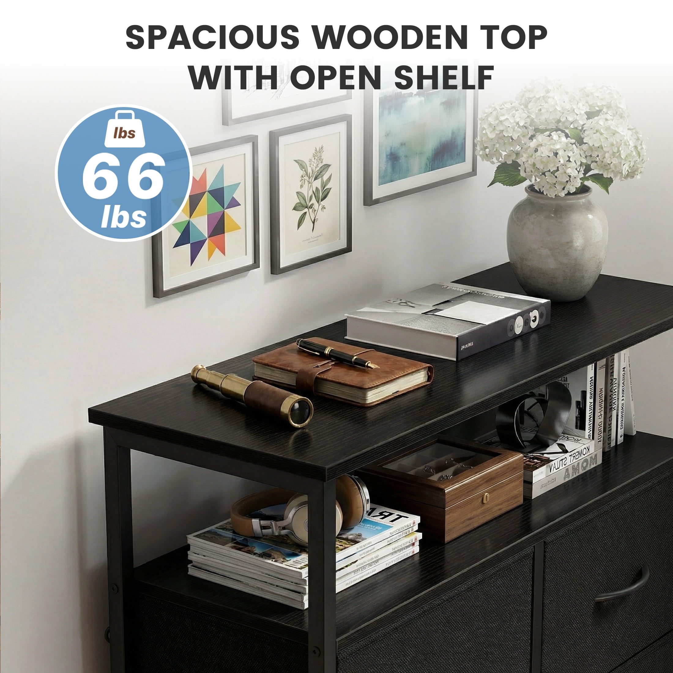 CONCETTA 8 Drawers Fabric Dresser with Open Shelves, Tall Storage Tower for Bedroom Closet, Living Room Entryway Hallway, Black