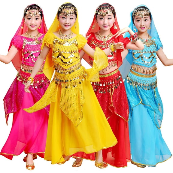 Huachaog Girls 5 Piece Outfit Belly Dance Sequin Tops Skirts Waist Chain Veil and Necklace Wear Carnival Party Clothing,7-8 Y