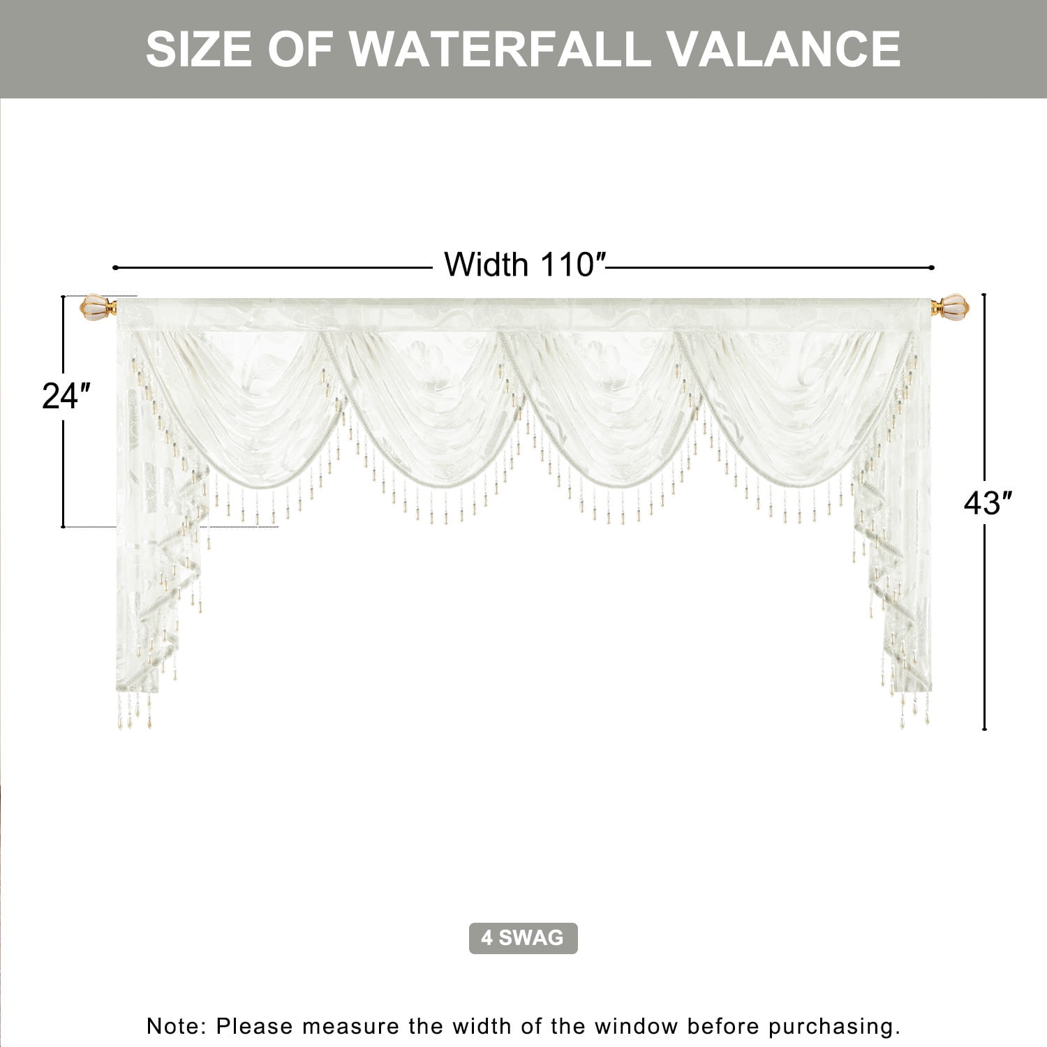 VOGOL White Floral Jacquard Waterfall Sheer Valance Curtain, Beaded Tassel Edge, 43x110 Inches, Elegant Home Drapery