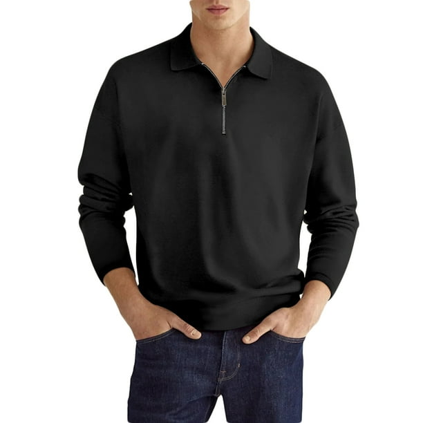 Blusa y camisa de manga larga con cuello vuelto para hombre, camisa deportiva de color liso con solapa y cremallera, blusa de manga larga con solapa para hombre