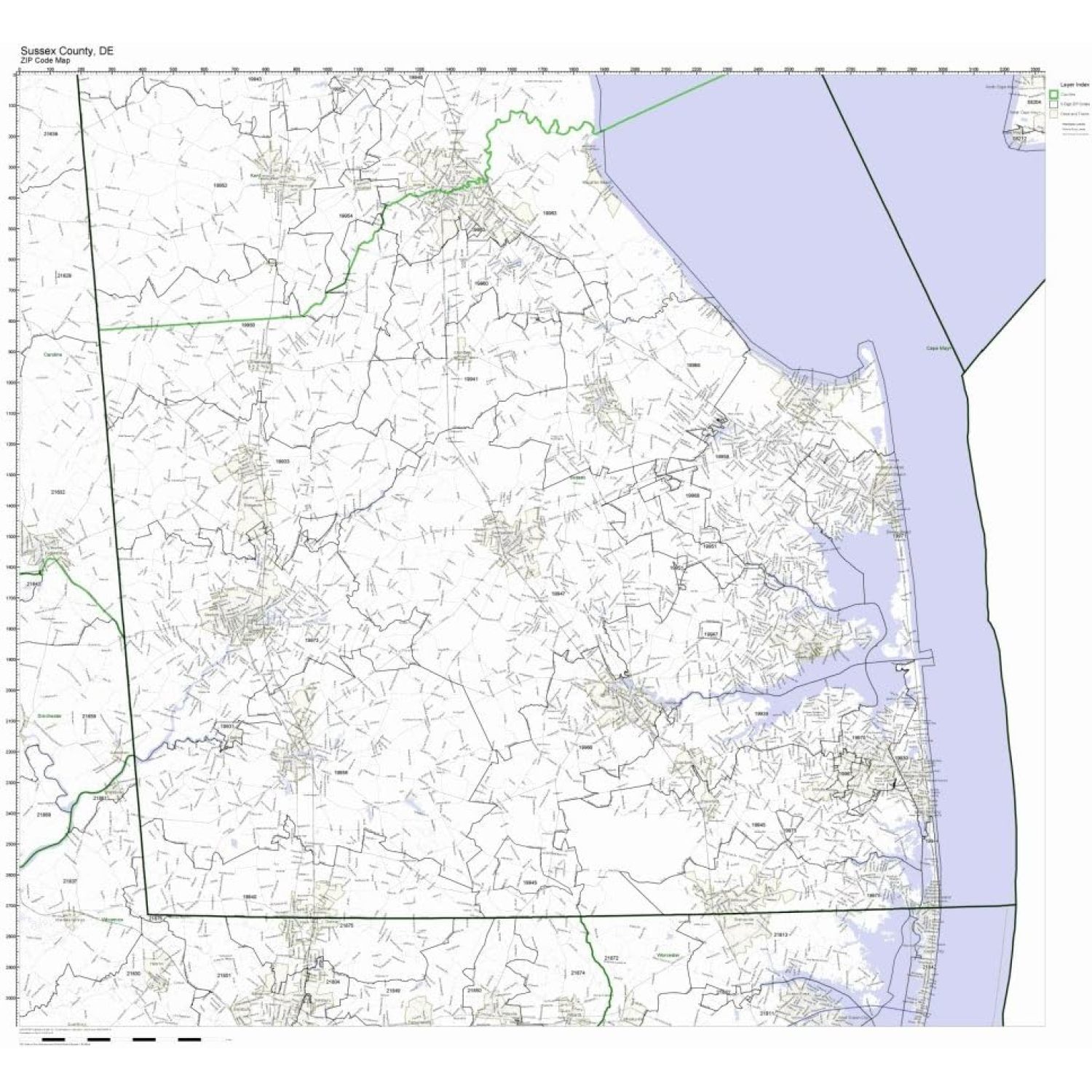 Sussex County, Delaware DE ZIP Code Map Not Laminated