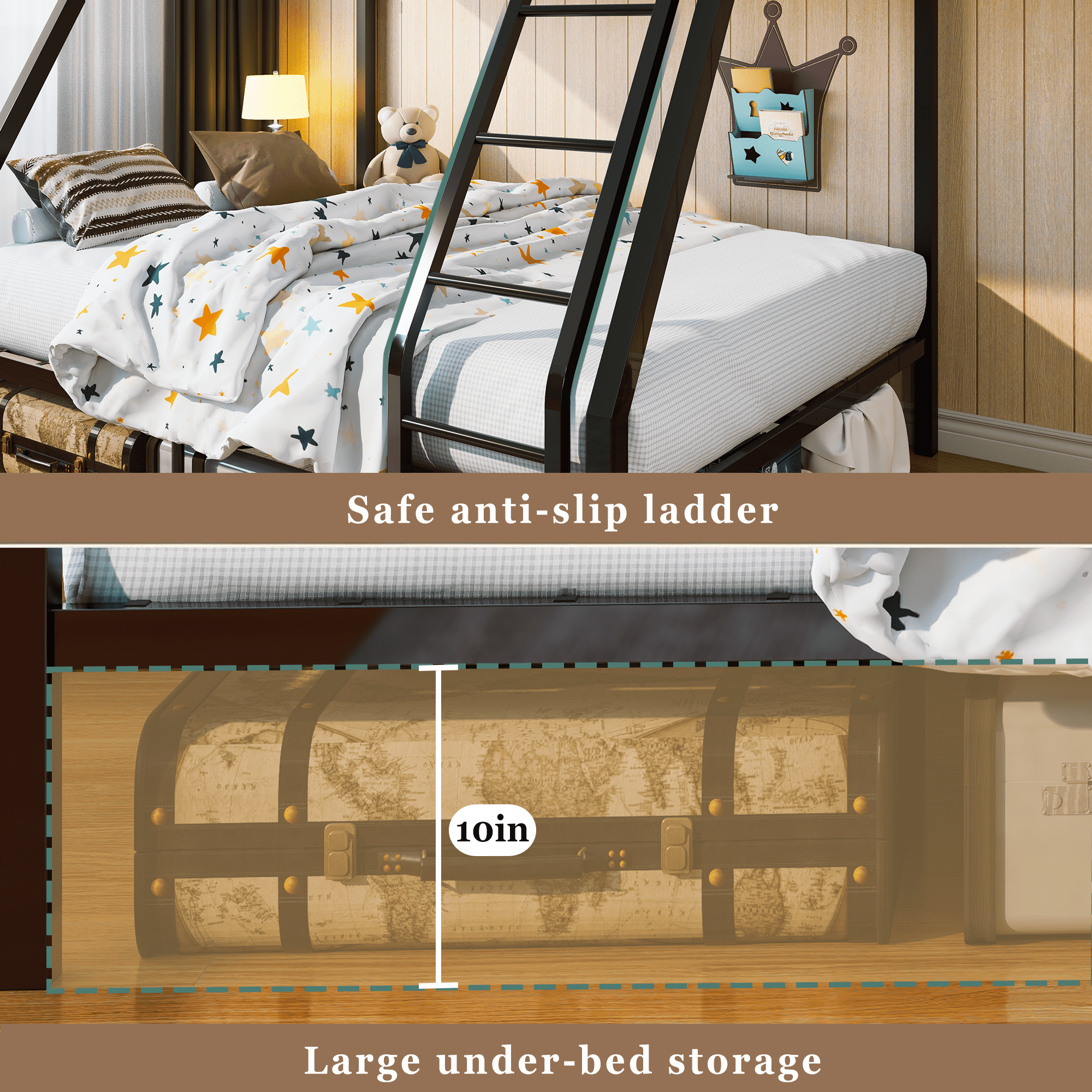 PORKISS Twin Over Full Bunk Bed, Heavy Duty Metal Bunk Bed Frame with Ladder & Guardrails, No Box Spring Needed, Space Saving Loft Bed with Under-Bed Storage for Kids/Teens & Adults, Black