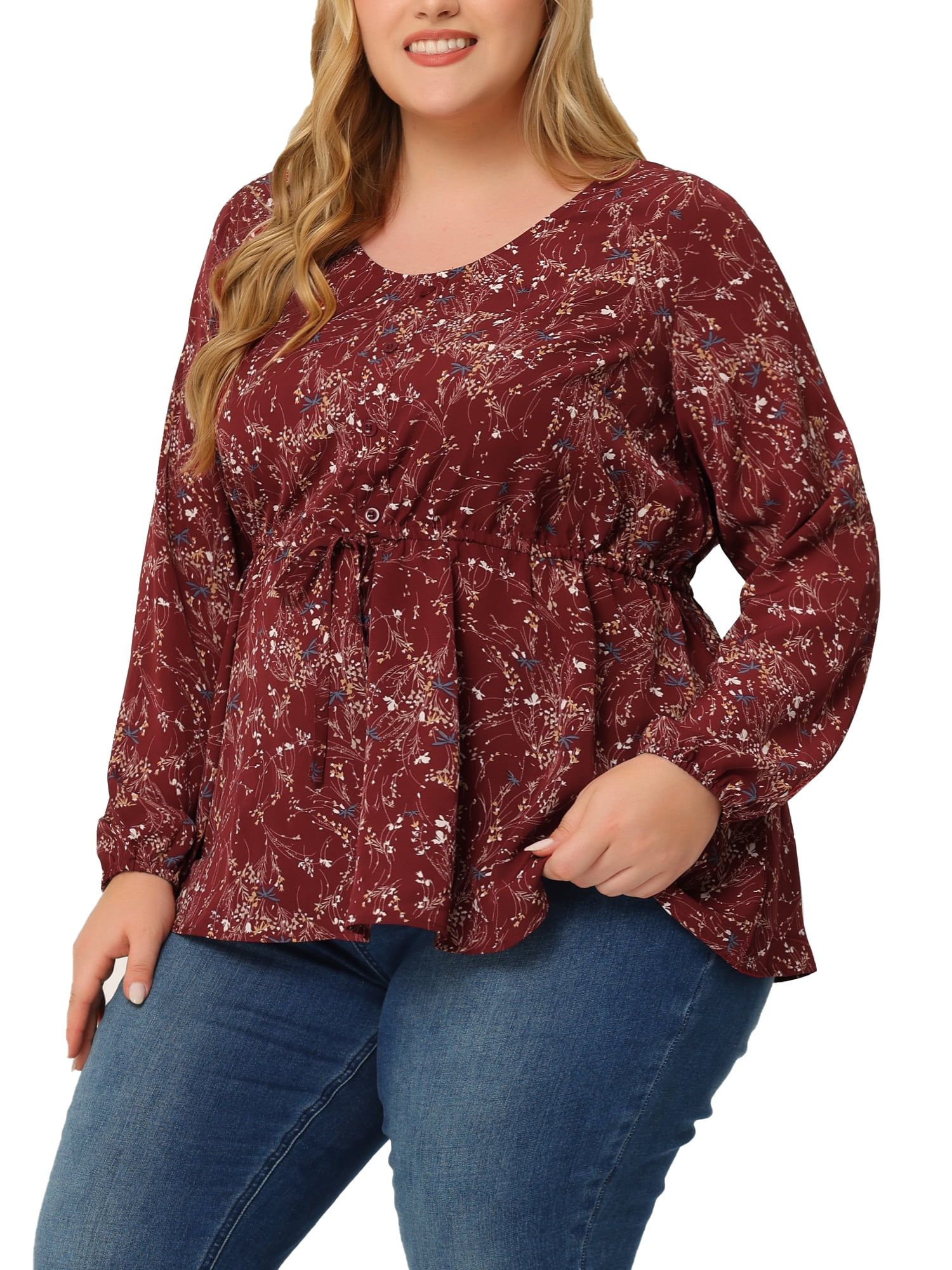 DARING DIVA Women's Plus Size Floral Print Long Sleeve Belt Tie Peplum Top 3X Red