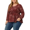 thumbnail image 4 of Unique Bargains Women's Plus Size Floral Long Sleeves Belt Tie Ruffle Peplum Top Blouses 3X Red, 4 of 6