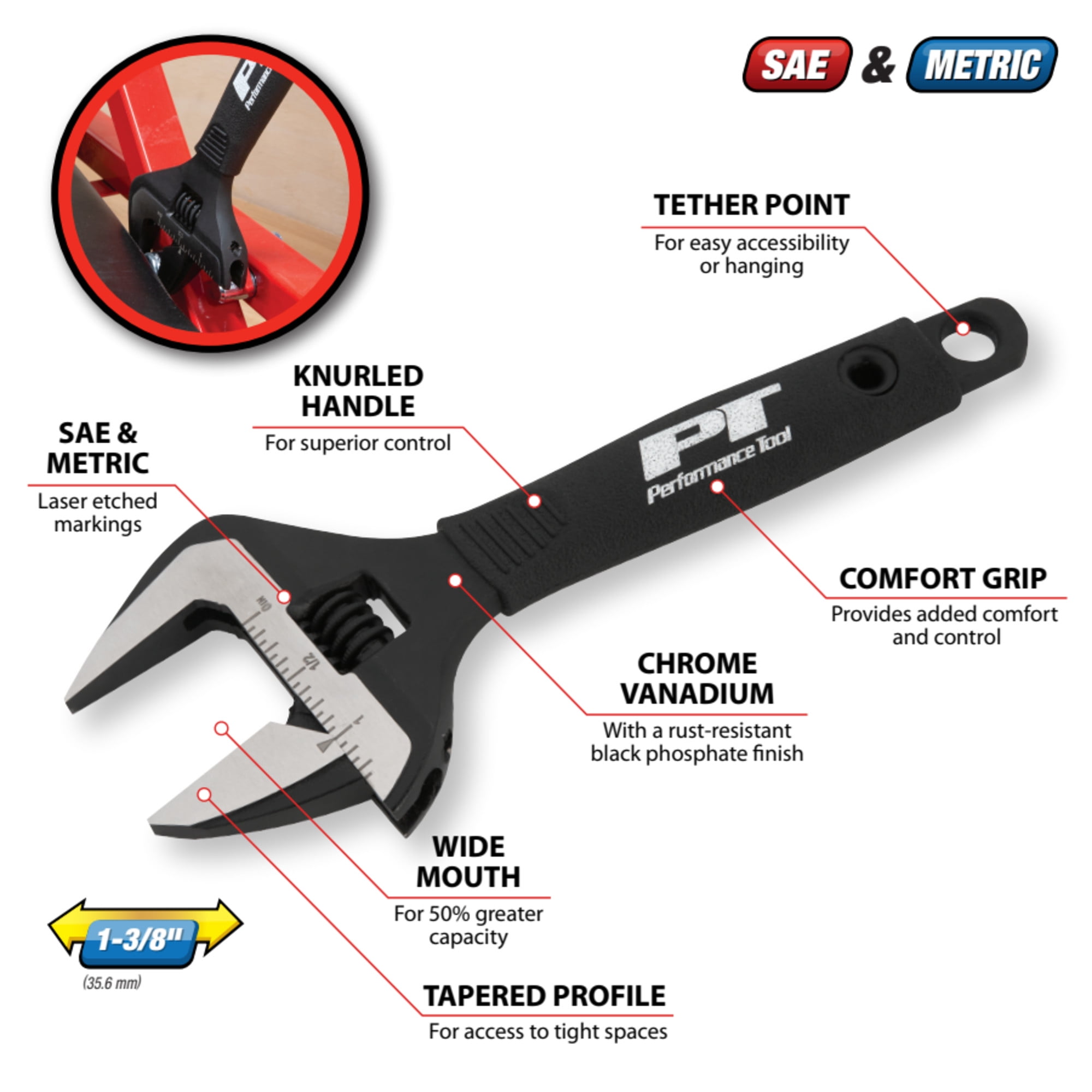 Performance Tool W30621 6-Inch Wide Mouth Adjustable Wrench: 1-3/8-in Jaw Capacity, Chrome Vanadium Steel, Ergonomic Molded Grip, Black Phosphate Finish, SAE/Metric Graduations, Black
