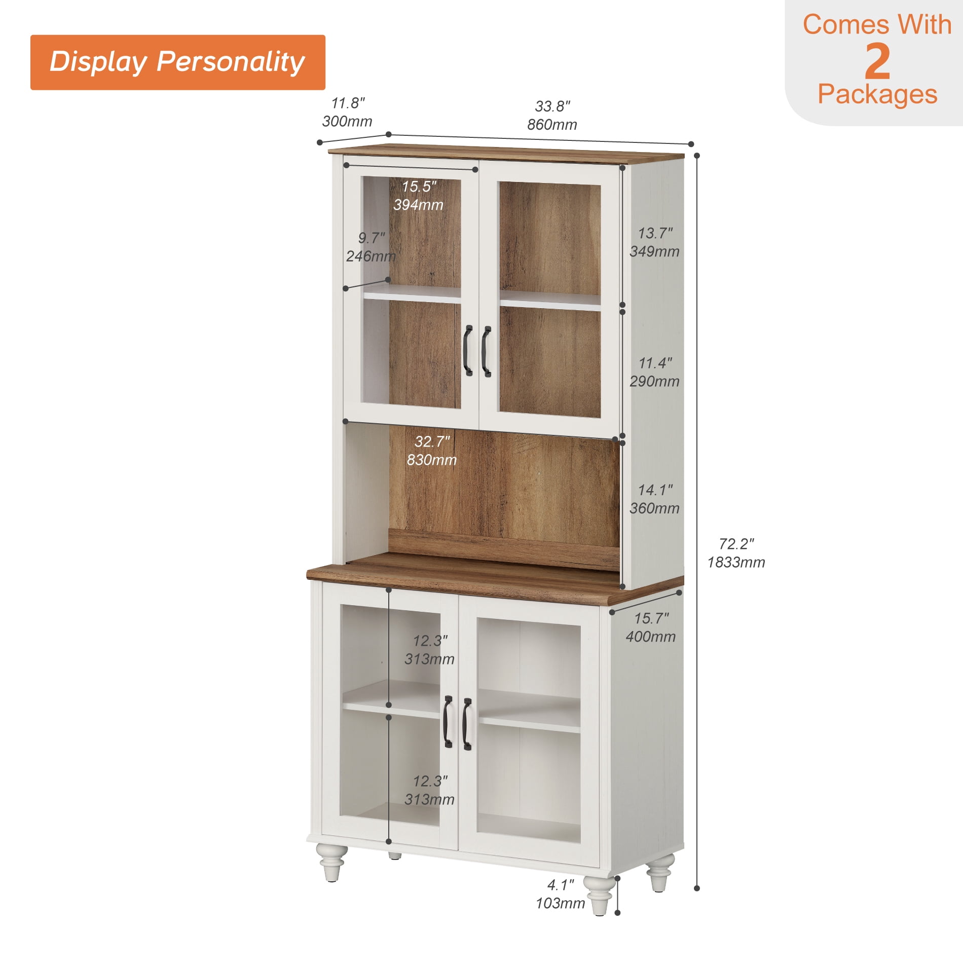 Sideboard Buffet Cabinet with Storage, Morden Bookcase with Adjustable Shelf and Glass Doors, Farmhouse Wooden Bookshelves for Living Room, Office, Study Room, Kitchen, White, 72" H