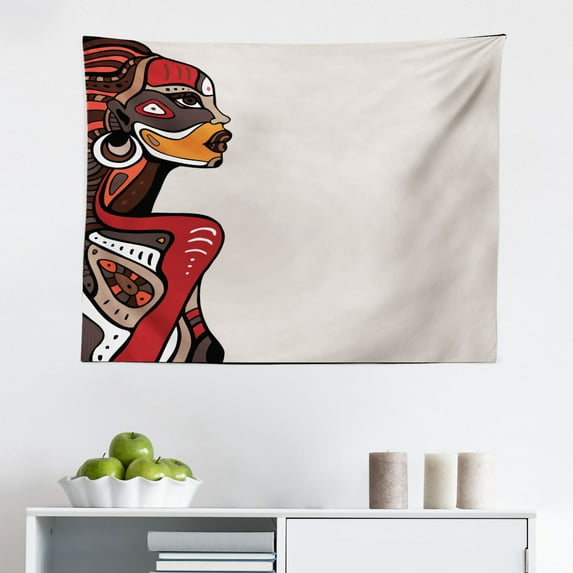 African Tapestry, Woman Exotic Feather Earring and Scarf Zulu Hippie Art, Fabric Wall Hanging Decor for Bedroom Living Room Dorm, 2 Sizes, Caramel and Marigold, by Ambesonne