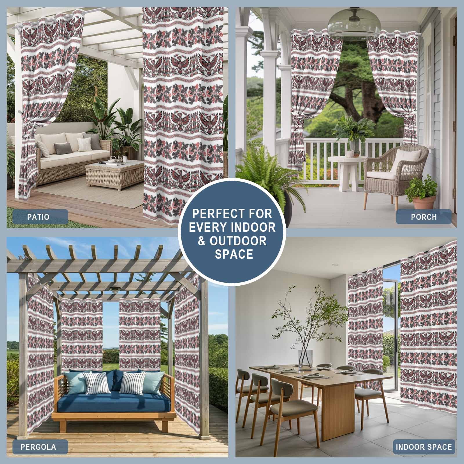 Ethnic Tribal Style Outdoor Curtains for Patio, Bird Geometric Boho Red White Rustic Sunshade Privacy Drapes Grommet Waterproof Outside Curtains for Porch/Cabana/Balcony 54"x 108", 1 Panel