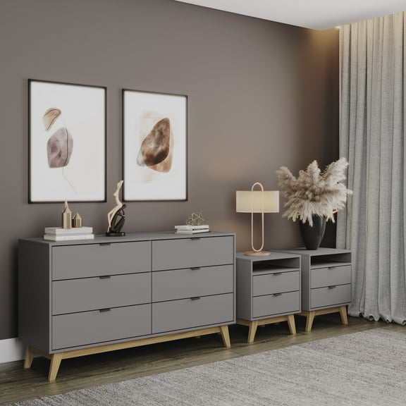 Kappesberg Hanford Gray 3-Piece Bedroom Set – 6-Drawer Dresser & 2 Nightstands - for Adults and Teens