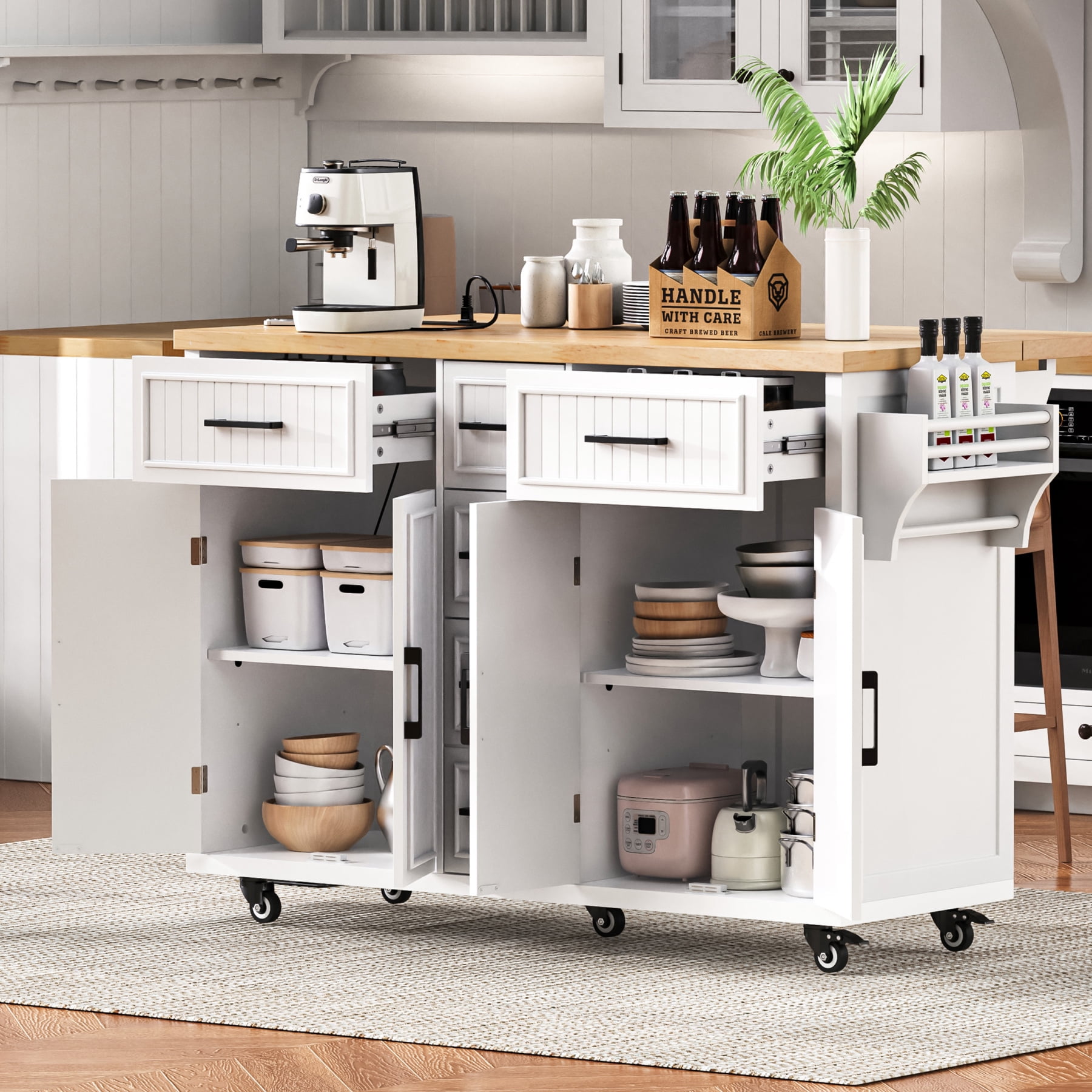Harper & Bright Designs Kitchen Island with Drop Leaf, Rolling Kitchen Cart on Wheels with Doors, Drawers and Power Outlet for Dining Room, White