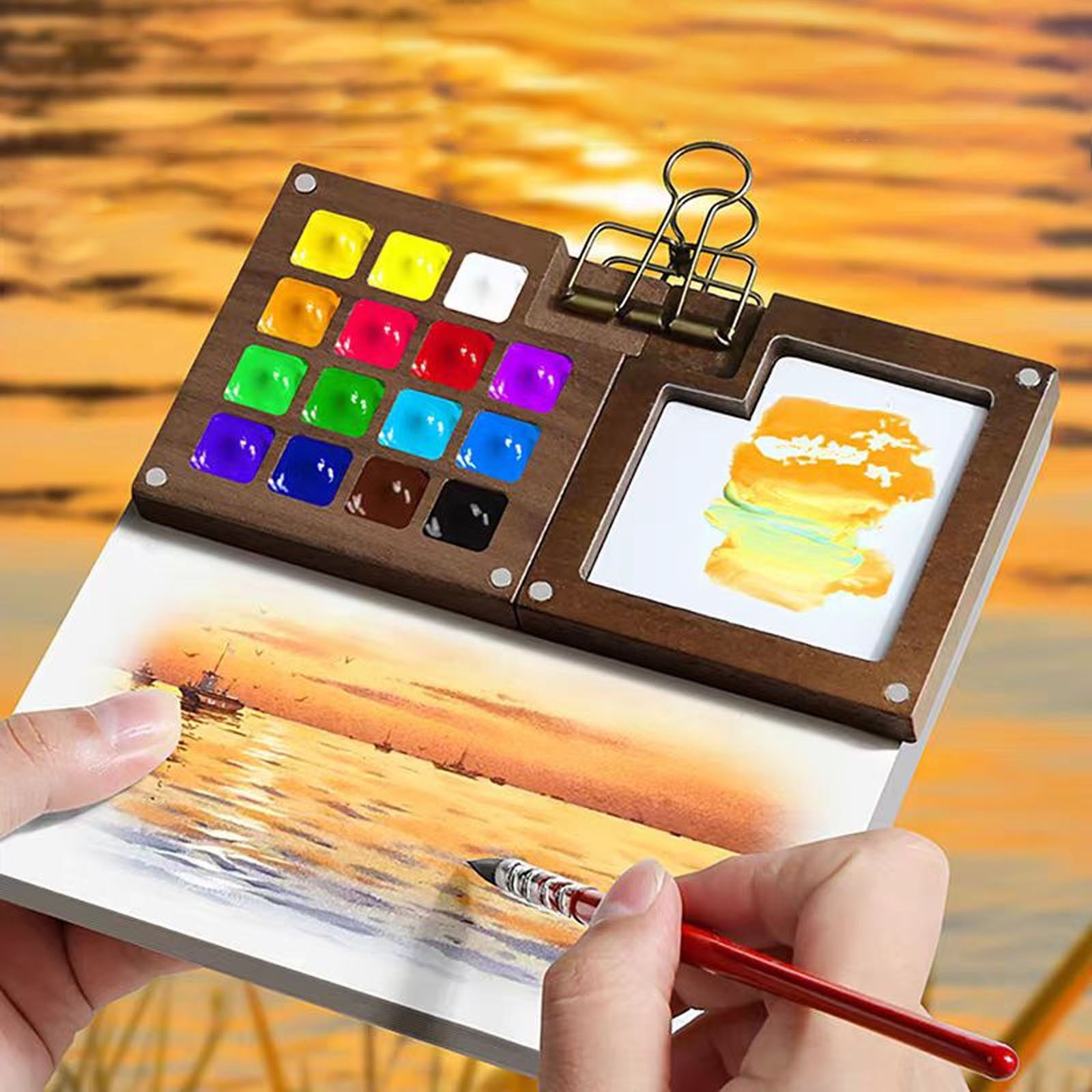 Mini Watercolor Travel Portable Pocket Artist Watercolor With Picture Book Wooden For Painters Artists And Students (15 Grids With 24 Color Paints) (5mlX24)