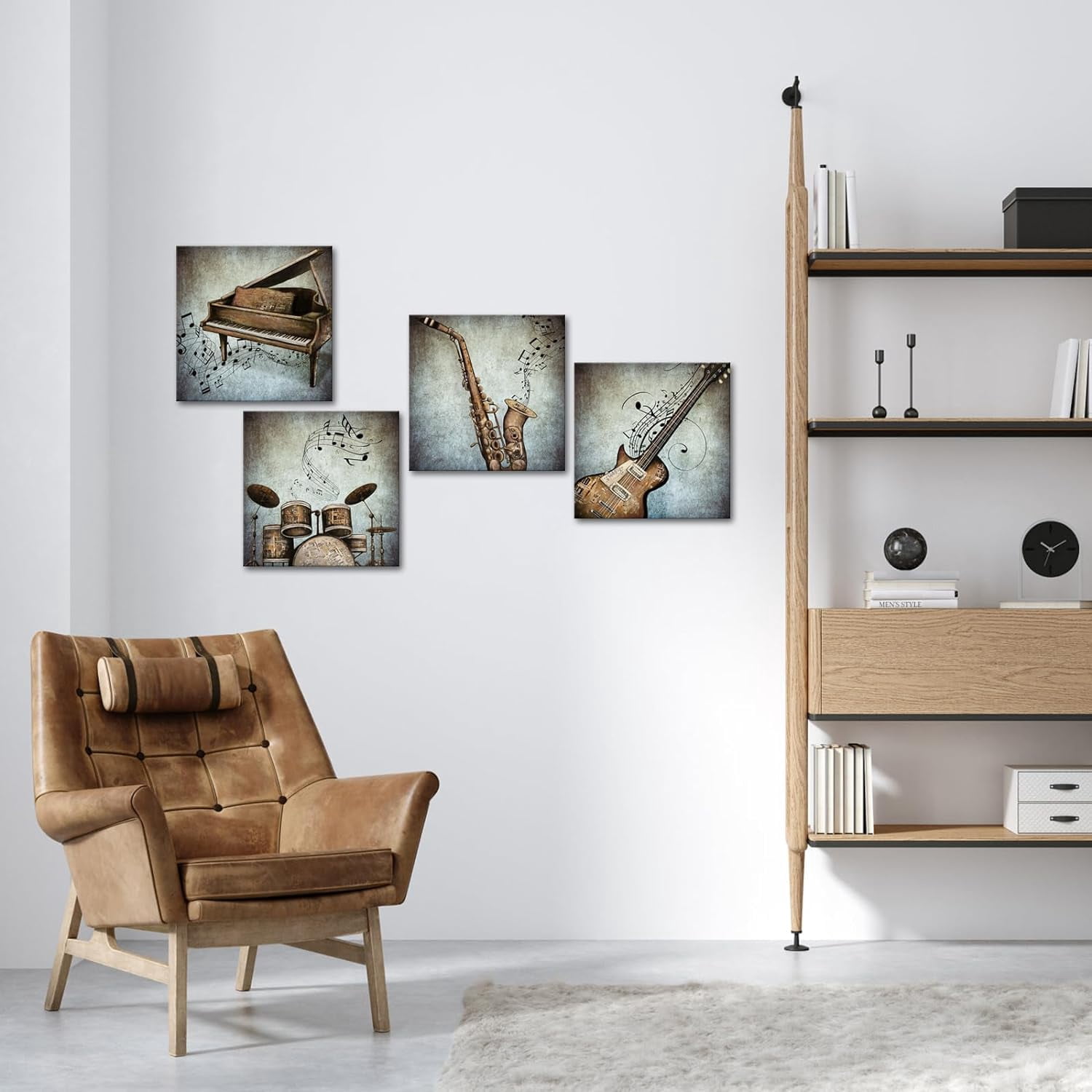 4 Panel Music Canvas Wall Art Vintage Piano Guitar Drum Set Saxophone Pictures Stretched Canvas Framed Art Abstract Music Notes Posters Artwork for Modern Home Bedroom Living Room Decor