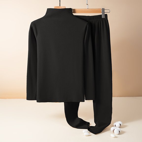 Women's Plus Size Fleece Loungewear Set - Long Sleeve Solid Thick Warm Pajamas & Pants - Black - L