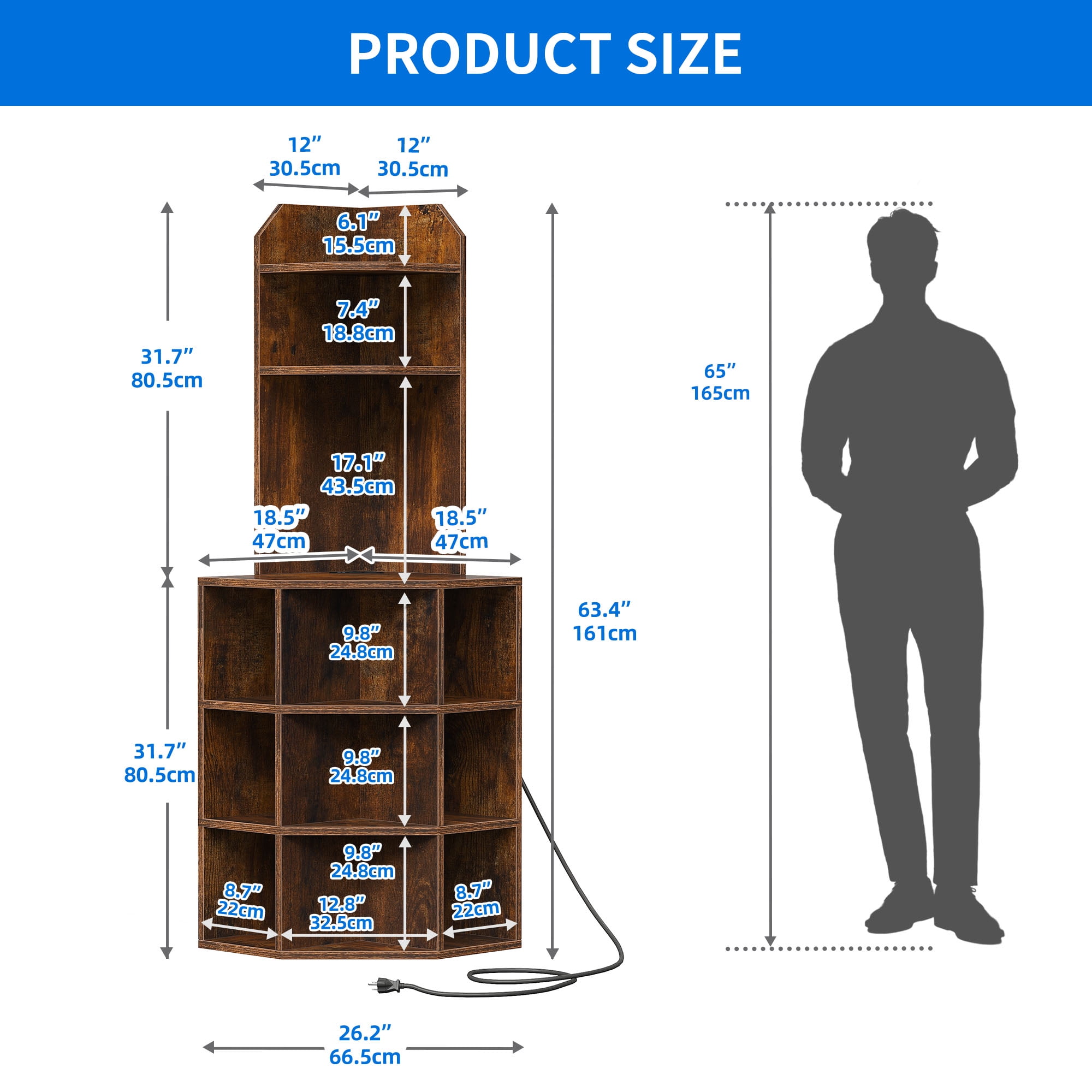 Dextrus 5-Tier Corner Shelf with USB Ports and Outlets, Corner Bookshelf Bookcase Display Shelves Rack Storage Corner Bar Cabinet for Living Room, Home Office, Kitchen, Brown