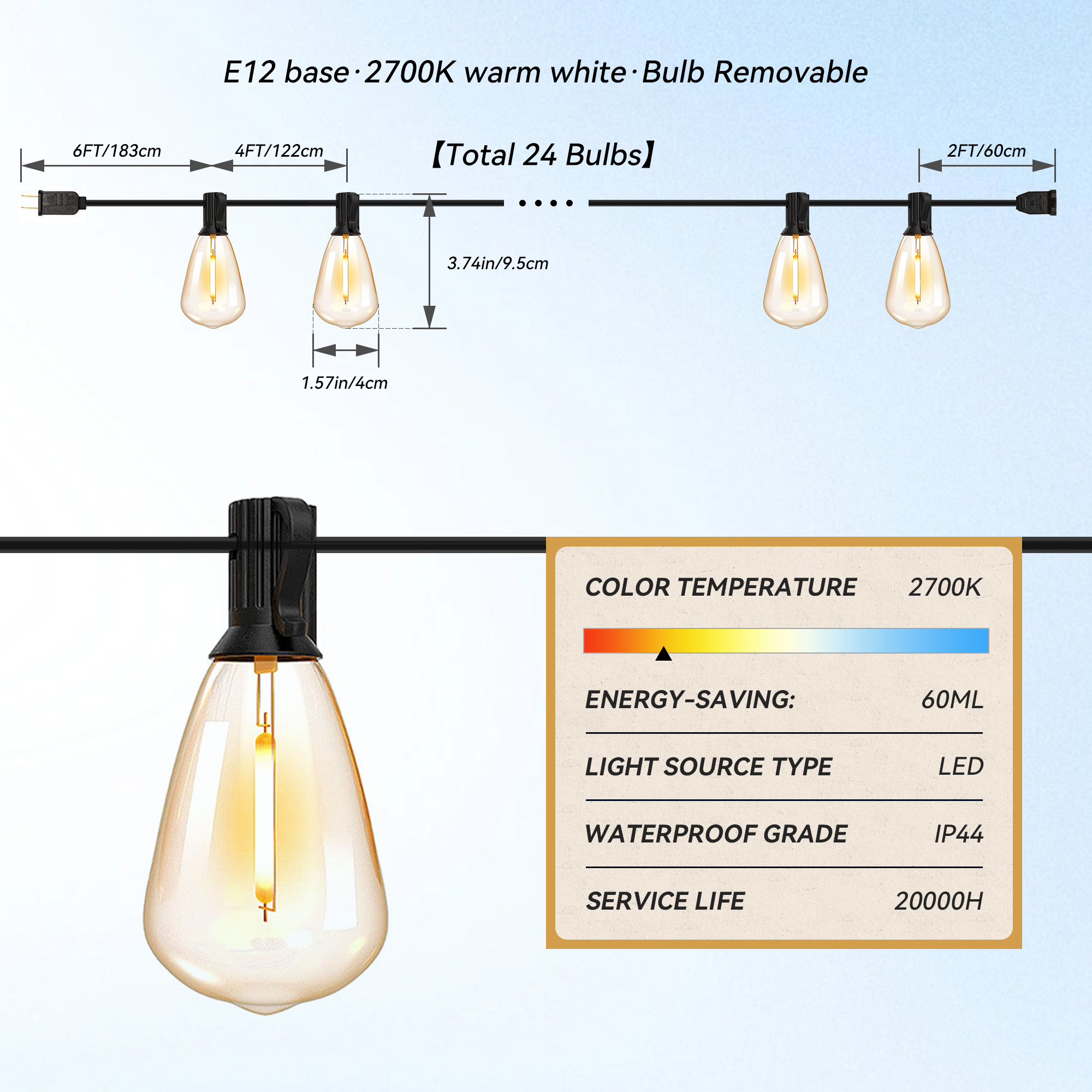 DAYBETTER 100ft Edison String Lights with 24 Bulbs photo 5