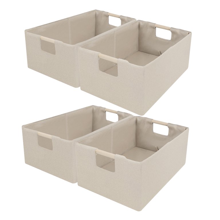 Collapsible Fabric Storage Basket Bin Large Organizer Box w/ Wood Handles,  4 Packs, Beige